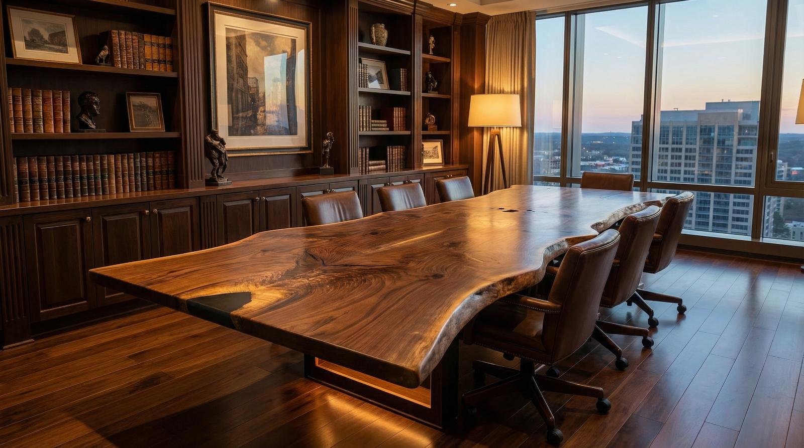 Black walnut live edge conference table, built by Makers Woodshop