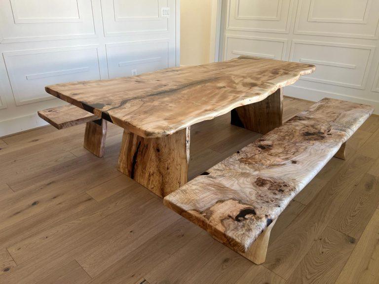 Live edge maple dining table with matching benches by Makers Woodshop