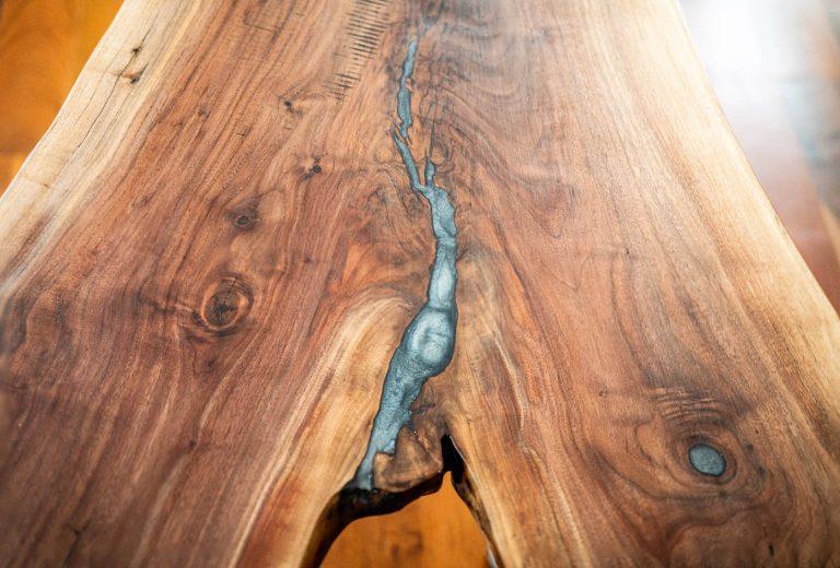 Black walnut live edge coffee table with epoxy river by Makers Woodshop