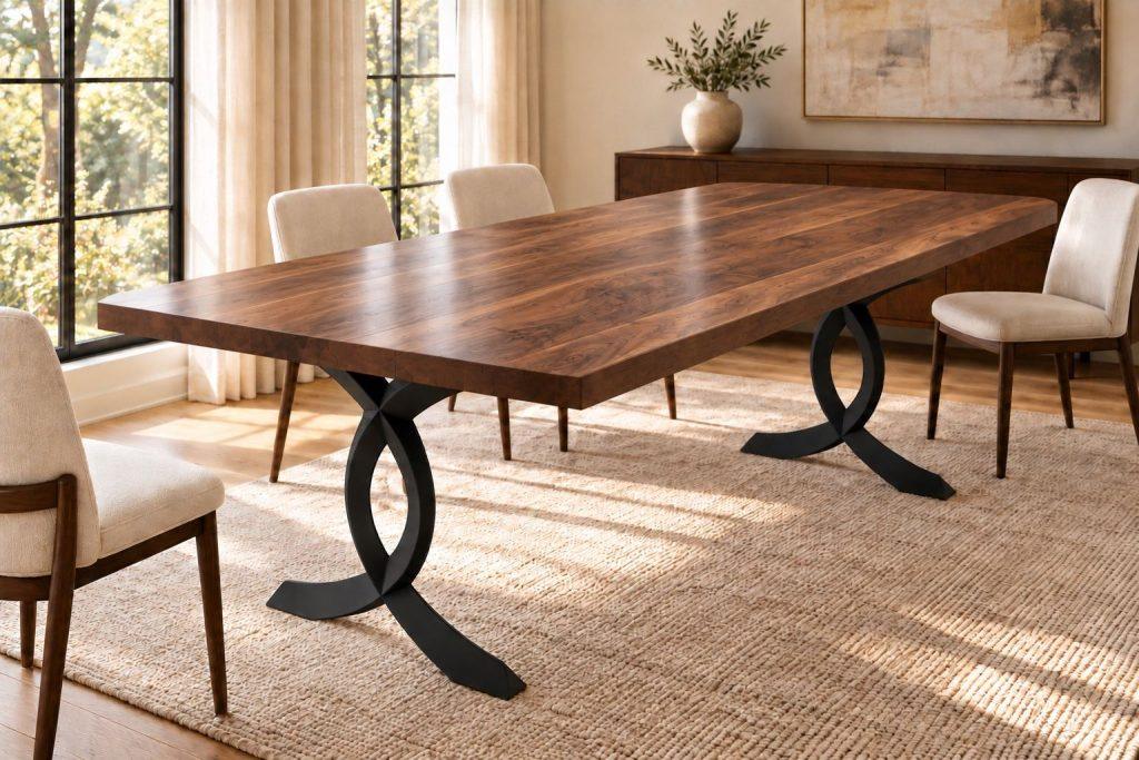 Black walnut glue-up dining table with square corners on the Curva steel base, three-quarter view