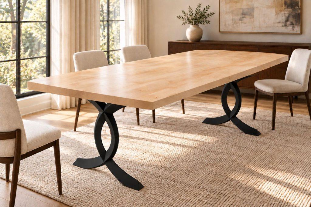 Maple glue-up dining table with square corners on the Curva steel base, three-quarter view