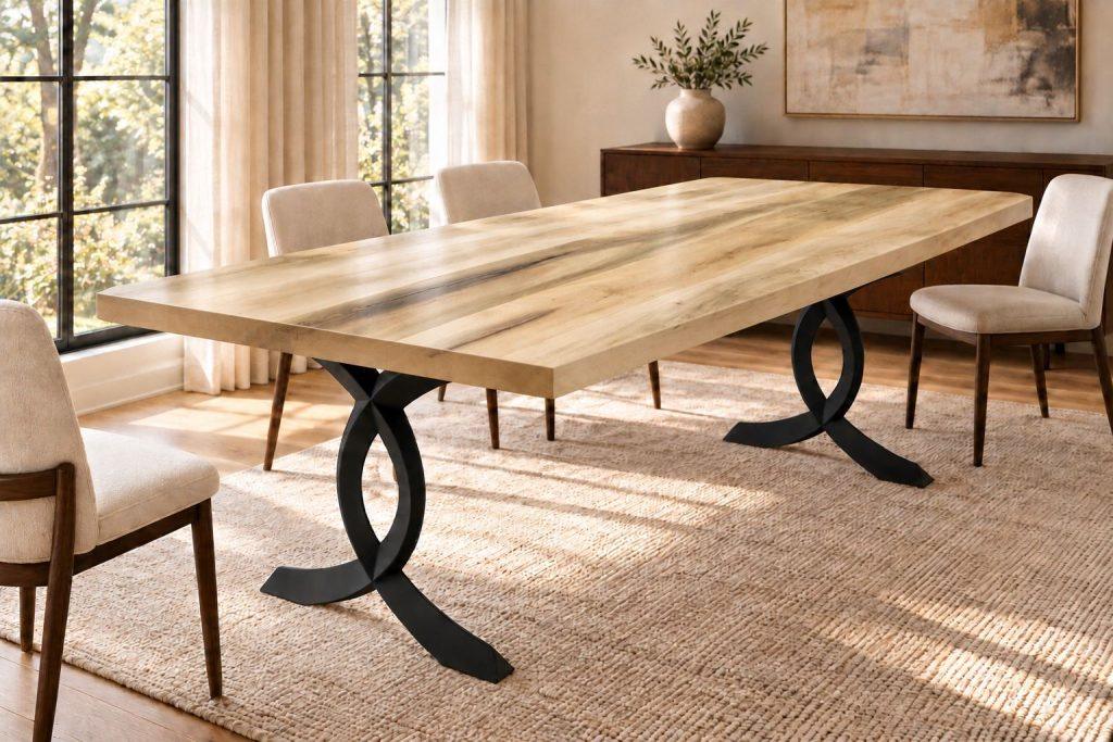 Poplar glue-up dining table with square corners on the Curva steel base, three-quarter view